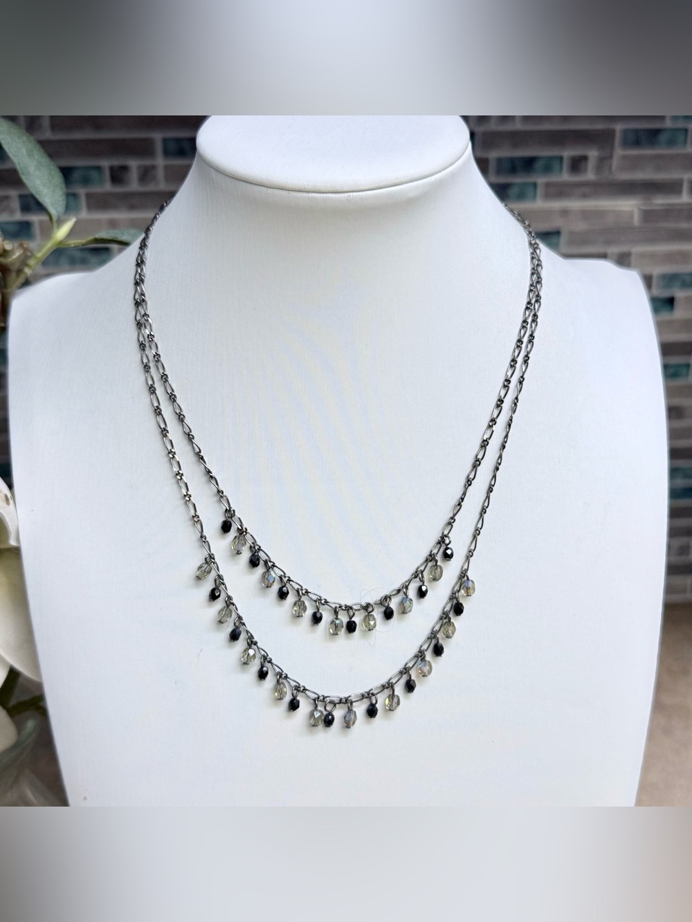 New York & Company Double Strand Necklace Gunmetal Black Gray Beaded Fringe